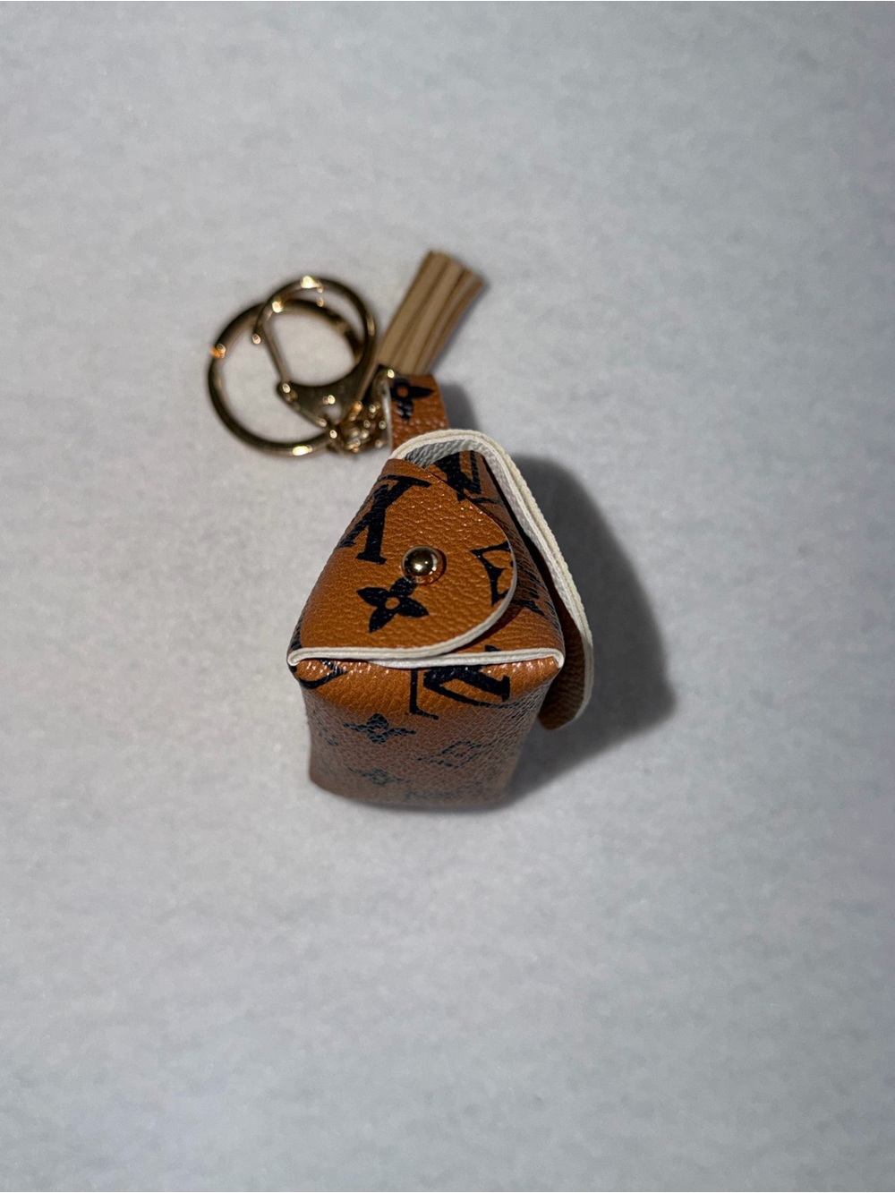 Luxury-Style Tan Monogram Mini Purse Keychain with Tassel - Picture 3 of 6